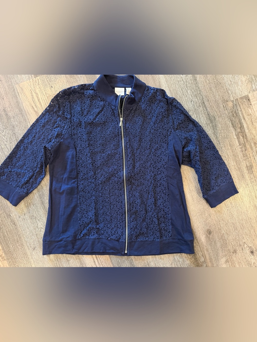 Chico's Navy Lace-Front Zip Bomber Jacket